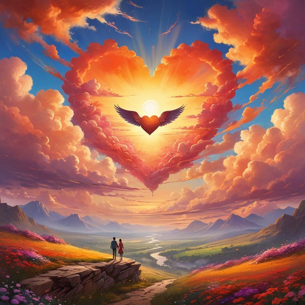 A breathtaking landscape depicting a couple soaring through a vibrant sky, surrounded by colorful, abstract heart-shaped clouds. Below them, a picturesque valley filled with blooming flowers symbolizes love and growth. The sun sets in the background, casting warm golden hues that embody warmth and affection. ethereal, dreamy vibes. super-realistic. vibrant colors.