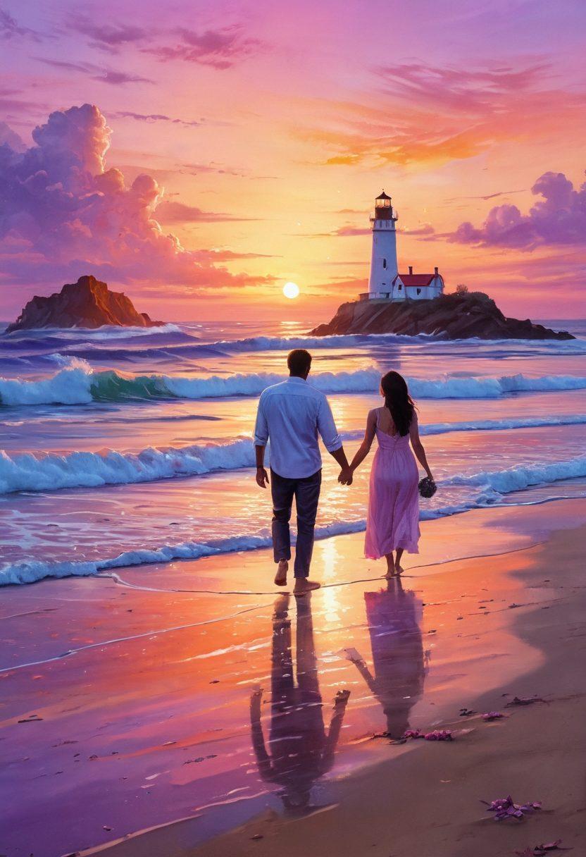 A couple standing on a beach at sunset, with waves crashing around them, symbolizing the ebb and flow of romance. They gaze into each other's eyes, surrounded by a glowing aura of warmth and affection. The sky is painted in hues of orange, pink, and purple, reflecting the passion of their love. Seashells scattered on the sand, symbolizing memories, and a lighthouse in the background, representing guidance in their journey of love. dreamy painting. vibrant colors. soft focus.