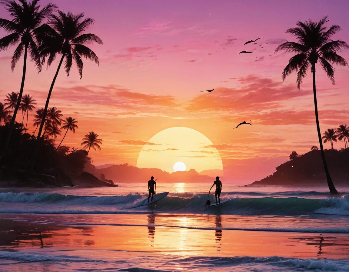 A scenic coastline at sunset, where a couple embraces on a surfboard, riding gentle waves together. The sky is painted with shades of orange and pink, reflecting on the shimmering water. In the background, silhouettes of palm trees sway gently, and playful dolphins leap through the waves. The atmosphere is filled with warmth and love, inviting viewers to dive into a romantic adventure. super-realistic. vibrant colors. dreamy atmosphere.